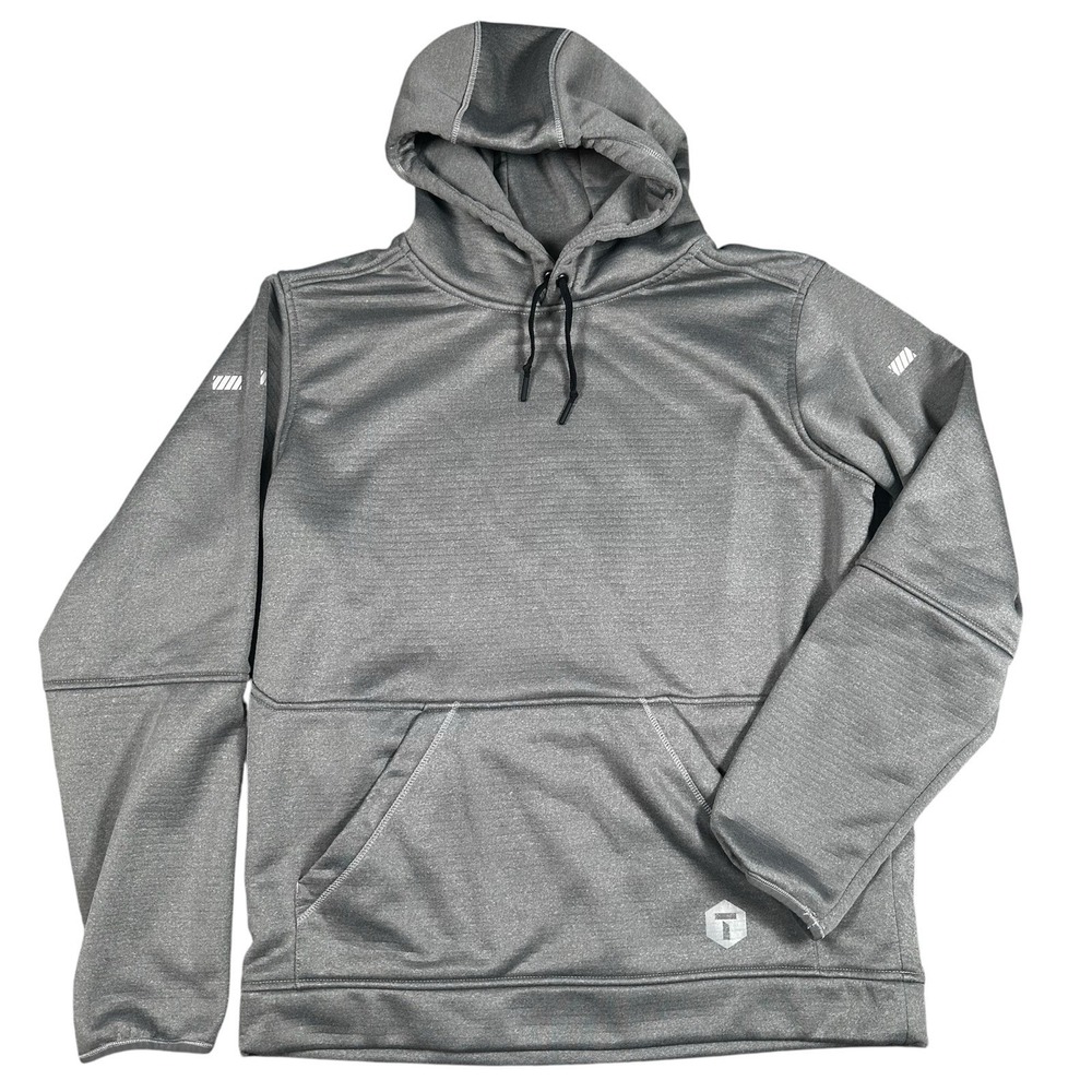 Truewerk Hoodie Mens Sz L Gray Pullover Grid Fleece Workwear Sleeve Logo EUC
